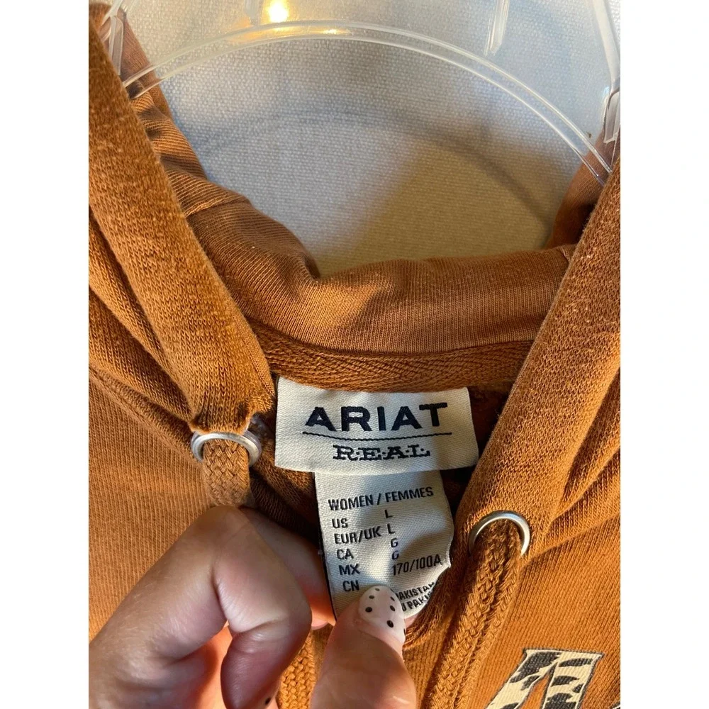 Ariat Real Women Large Rust Orange Cow Print Logo Hoodie Pullover Western L - Picture 8 of 10